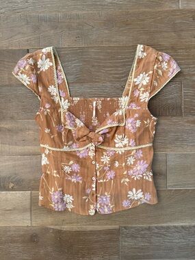 Free People Floral Tie-Front Square Neck Brown Top